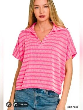 Zenana Outfitters Women's Striped V-Neck Polo Top